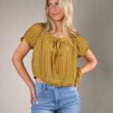 Theodora Top in yellow featuring pleated chiffon fabric, puff sleeves, and feminine ruffle details from Shear Boutique