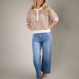 Taro striped short-sleeve sweater featuring a breathable cotton-blend knit, relaxed fit, and classic Henley-inspired button-front detail.