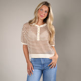 Casual summer sweater in a soft striped knit, designed with an open crochet weave, relaxed fit, and lightweight feel perfect for warm-weather layering.