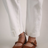 Kacey white denim jeans mid rise relaxed fit cuffed hem boyfriend style