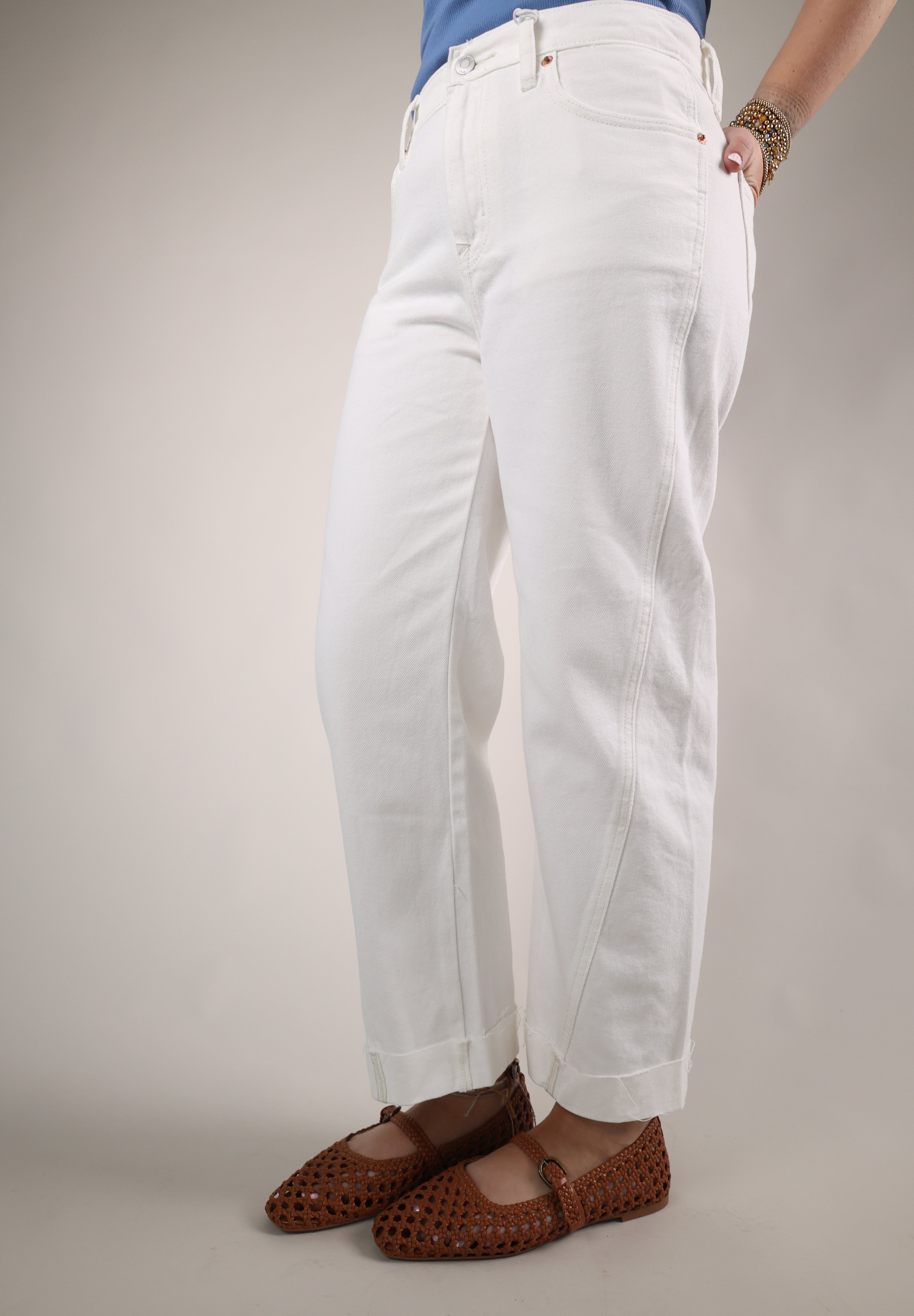 White boyfriend jeans relaxed fit mid rise with cuffed hem women’s denim