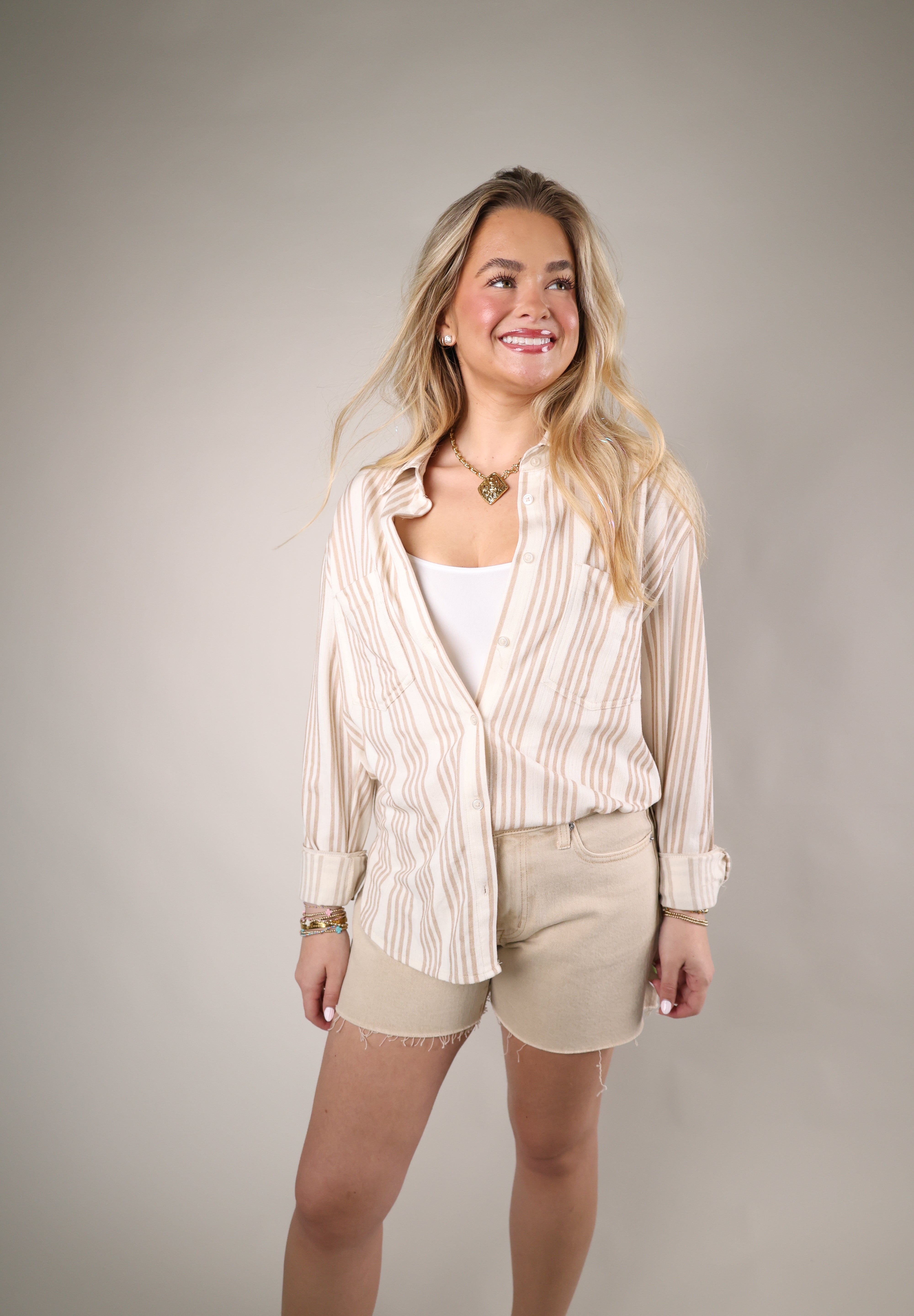 White striped oversized button up shirt lightweight woven layering top