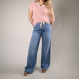 Women’s wide leg palazzo jeans with drawstring waist low rise denim