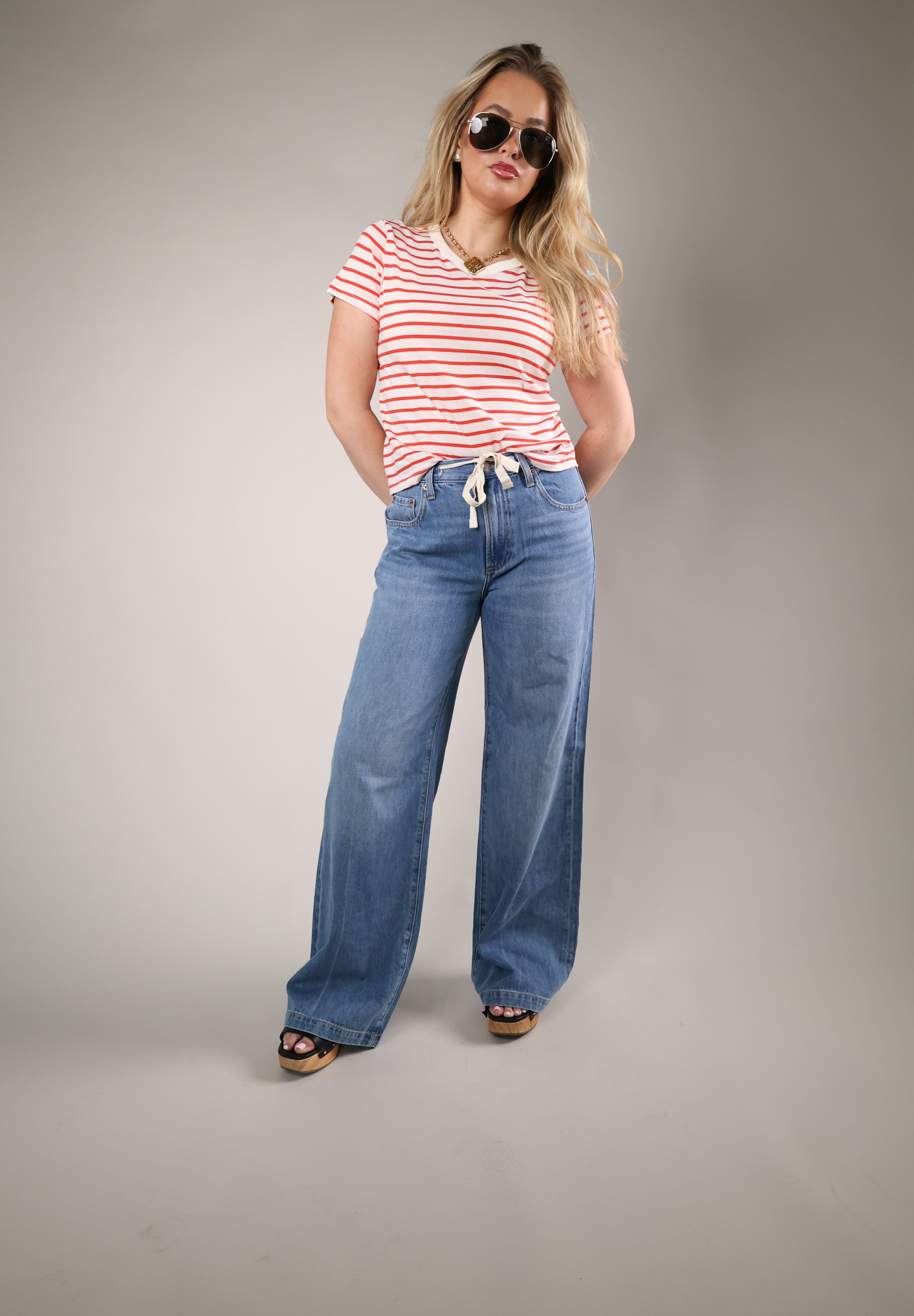 Women’s wide leg palazzo jeans with drawstring waist low rise denim