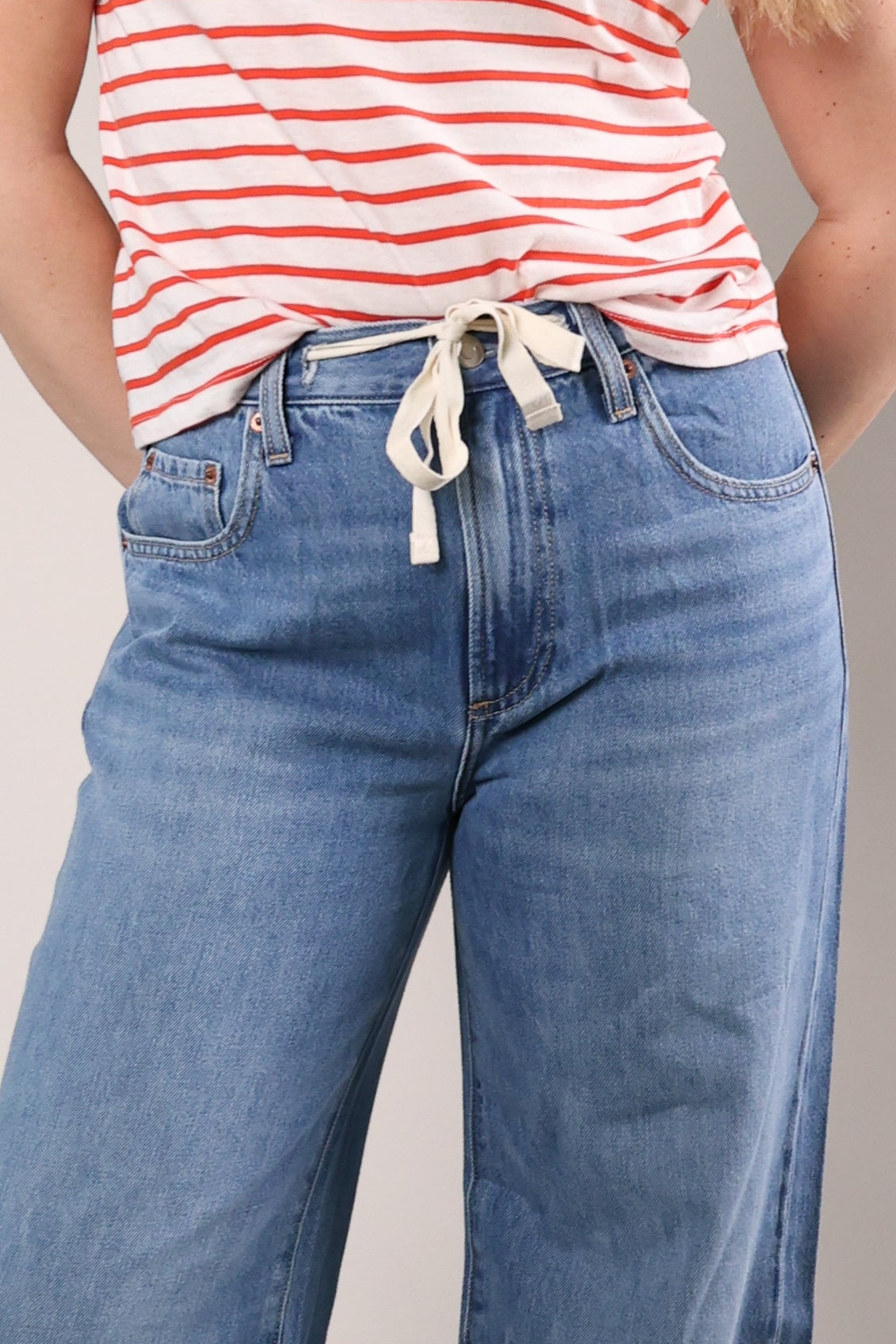 Low rise wide leg jeans drawstring waist palazzo denim relaxed style