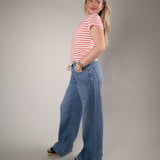 Wide leg denim palazzo pants low rise drawstring waist relaxed fit jeans