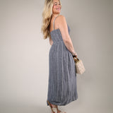 Black striped maxi dress with smocked bodice adjustable straps linen blend
