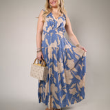 Women’s blue floral maxi dress breezy silhouette tiered skirt lined dress