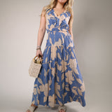 Lake blue floral maxi dress flowy fit elastic waist summer vacation dress