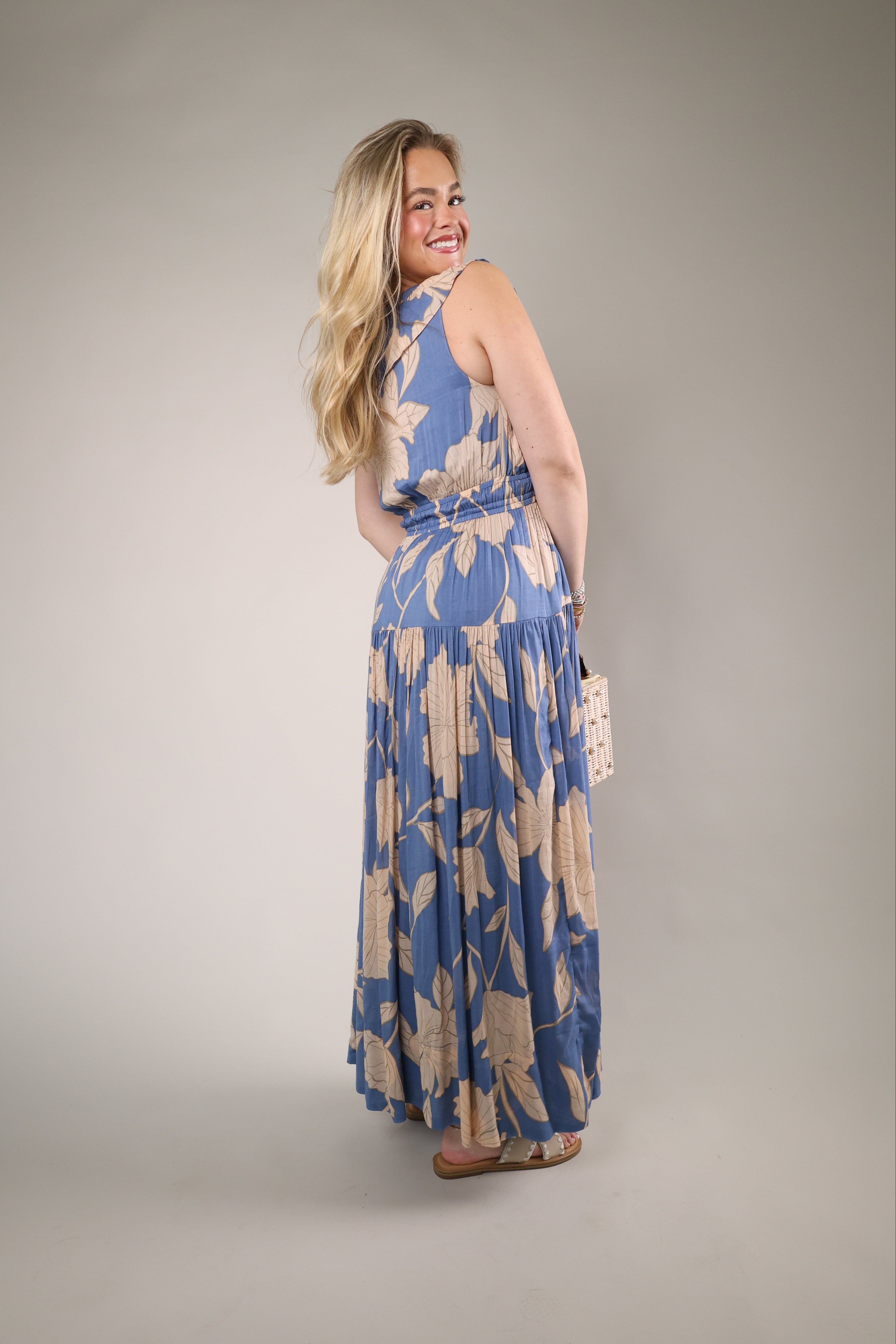 Blue floral maxi dress with elastic waist tiered skirt flowy summer style