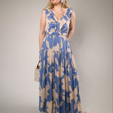 Floral maxi dress blue tiered skirt elastic waist feminine summer outfit