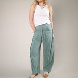 Women’s blue striped pull-on pants barrel leg relaxed fit cotton with pockets