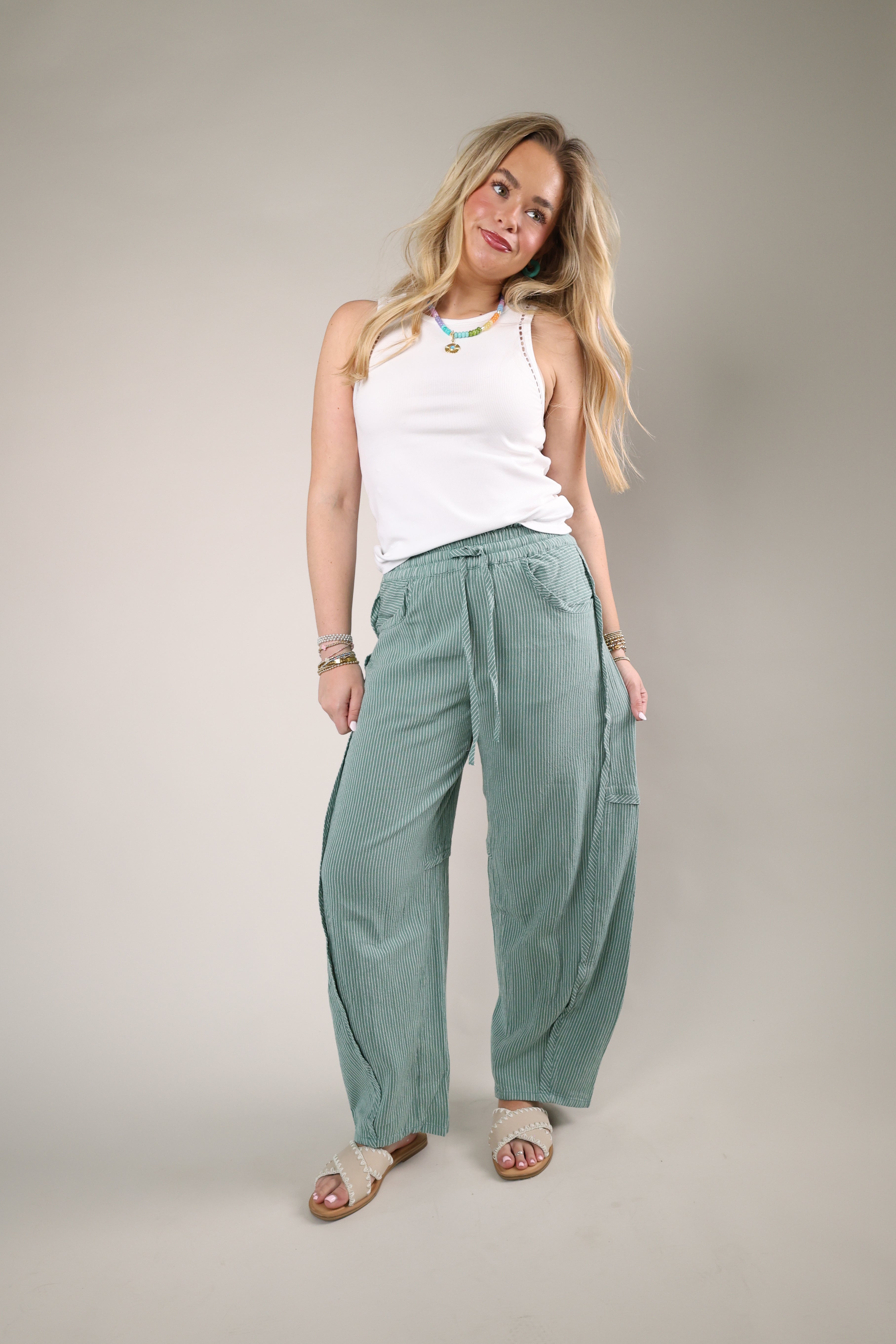 Something Good pant blue striped barrel leg drawstring cotton pants relaxed fit