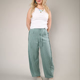 Blue micro stripe cotton pants relaxed barrel leg drawstring waist casual style