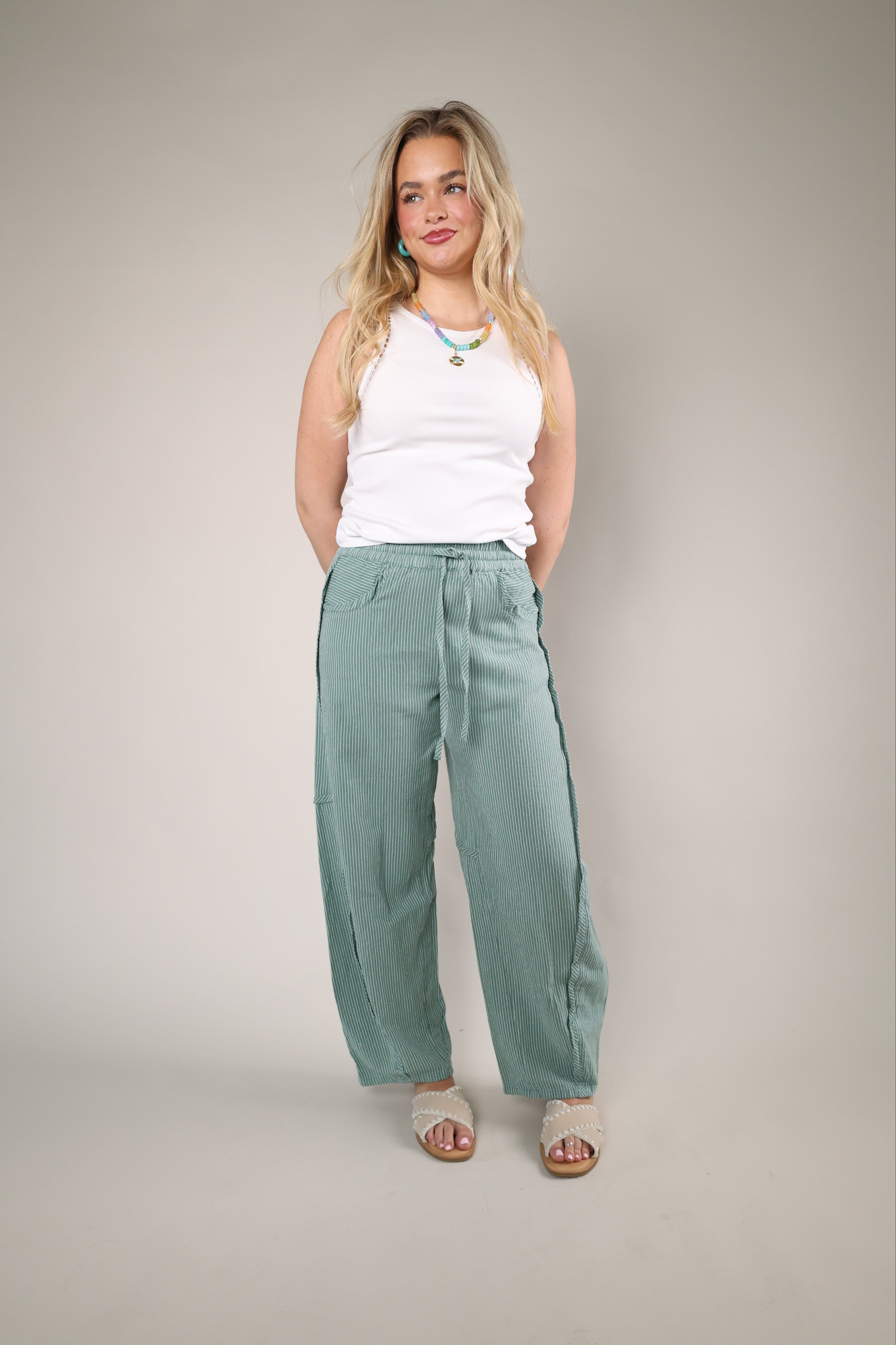 Blue micro stripe cotton pants relaxed barrel leg drawstring waist casual style