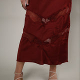 Women’s Velvet Rouge satin midi dress with V-neckline, lace inset detailing, and adjustable straps