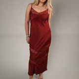 Bruna Velvet Rouge lace inset midi dress with satin fabric from Shear Boutique in Olney, Maryland