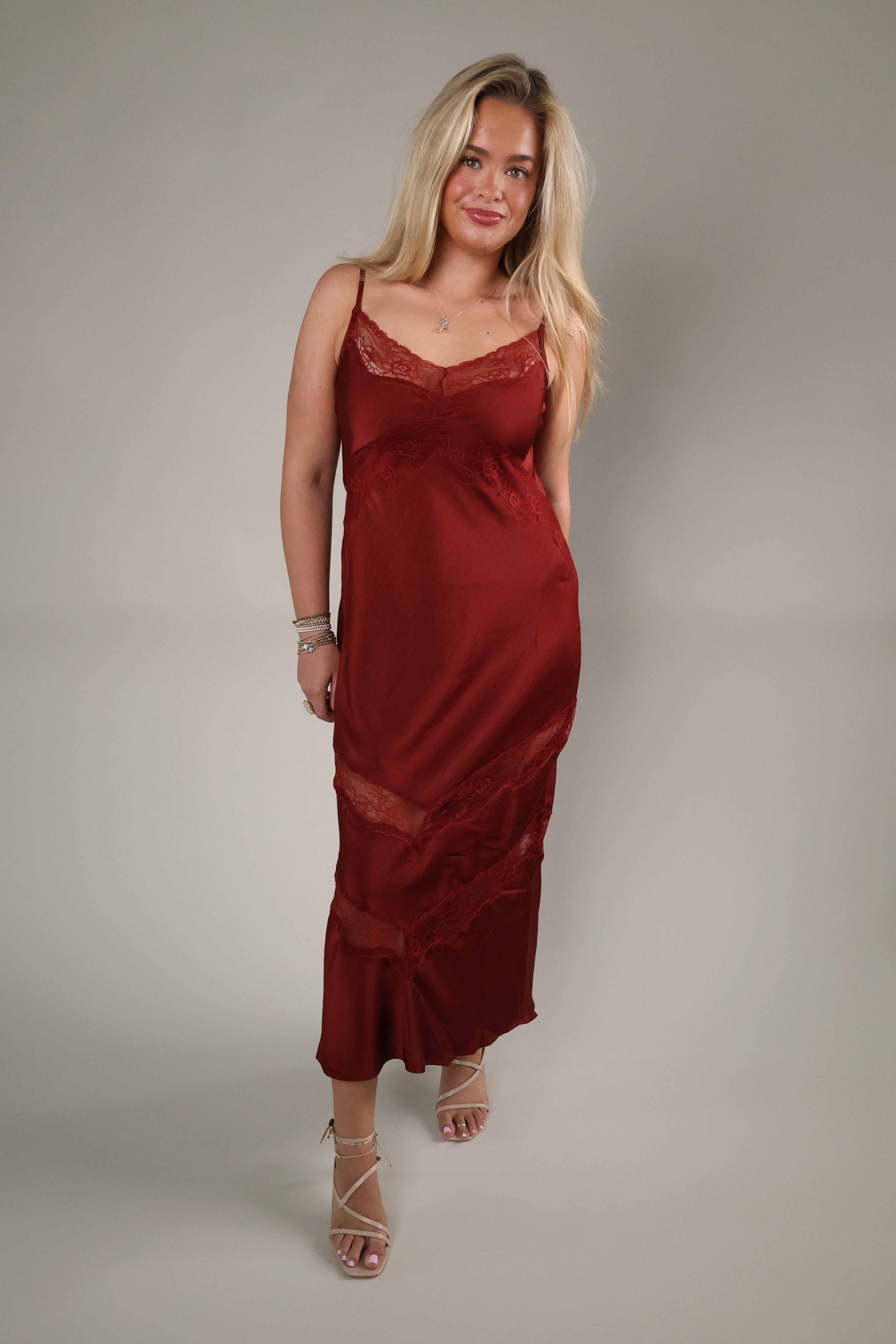 Bruna Velvet Rouge lace inset midi dress with satin fabric from Shear Boutique in Olney, Maryland