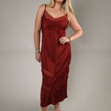 Bruna Velvet Rouge midi dress styled for an elegant date night or special occasion