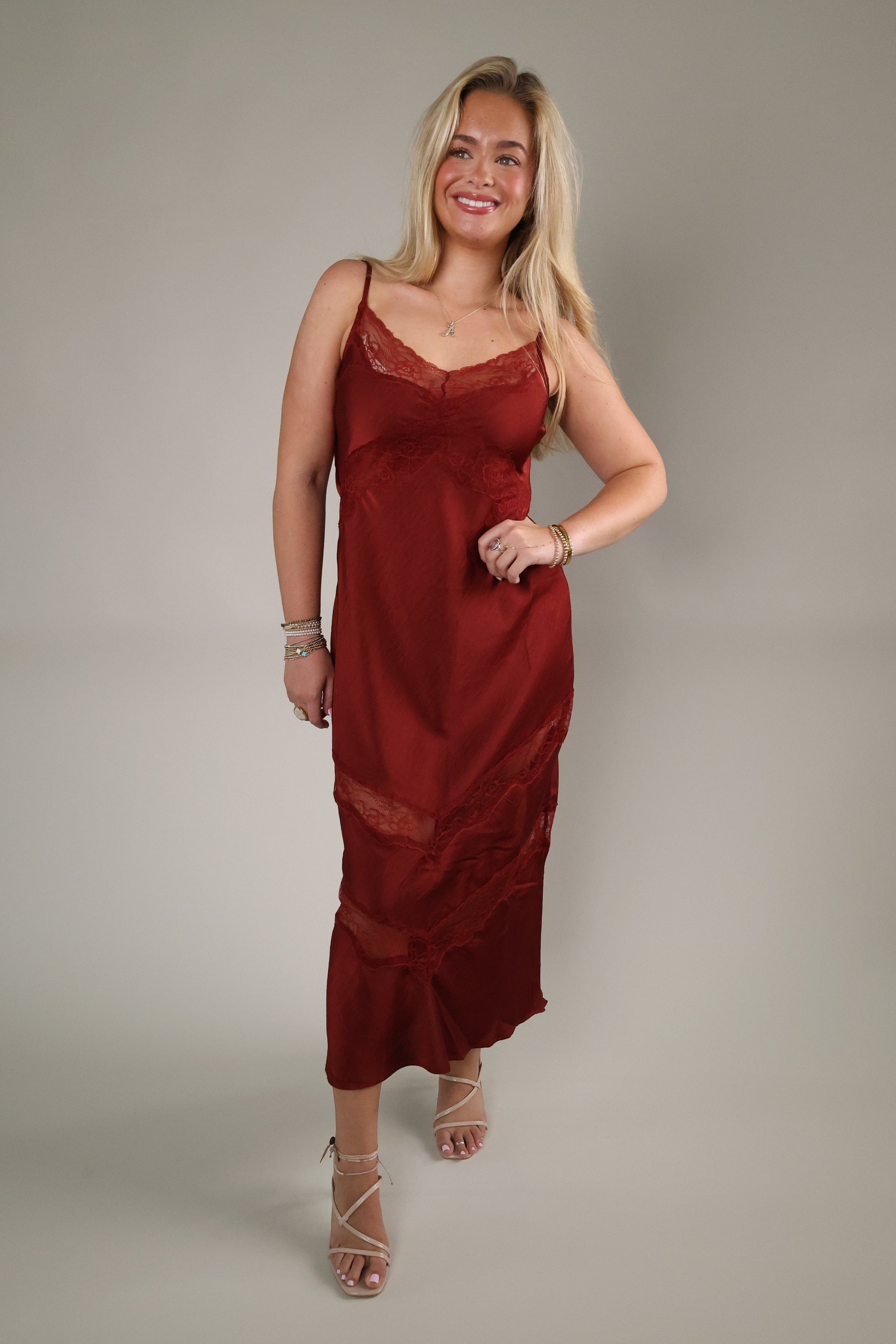 Bruna Velvet Rouge midi dress styled for an elegant date night or special occasion