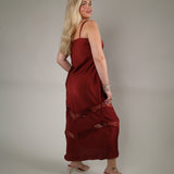 Rich Velvet Rouge satin midi dress with delicate lace insets and flattering feminine silhouette