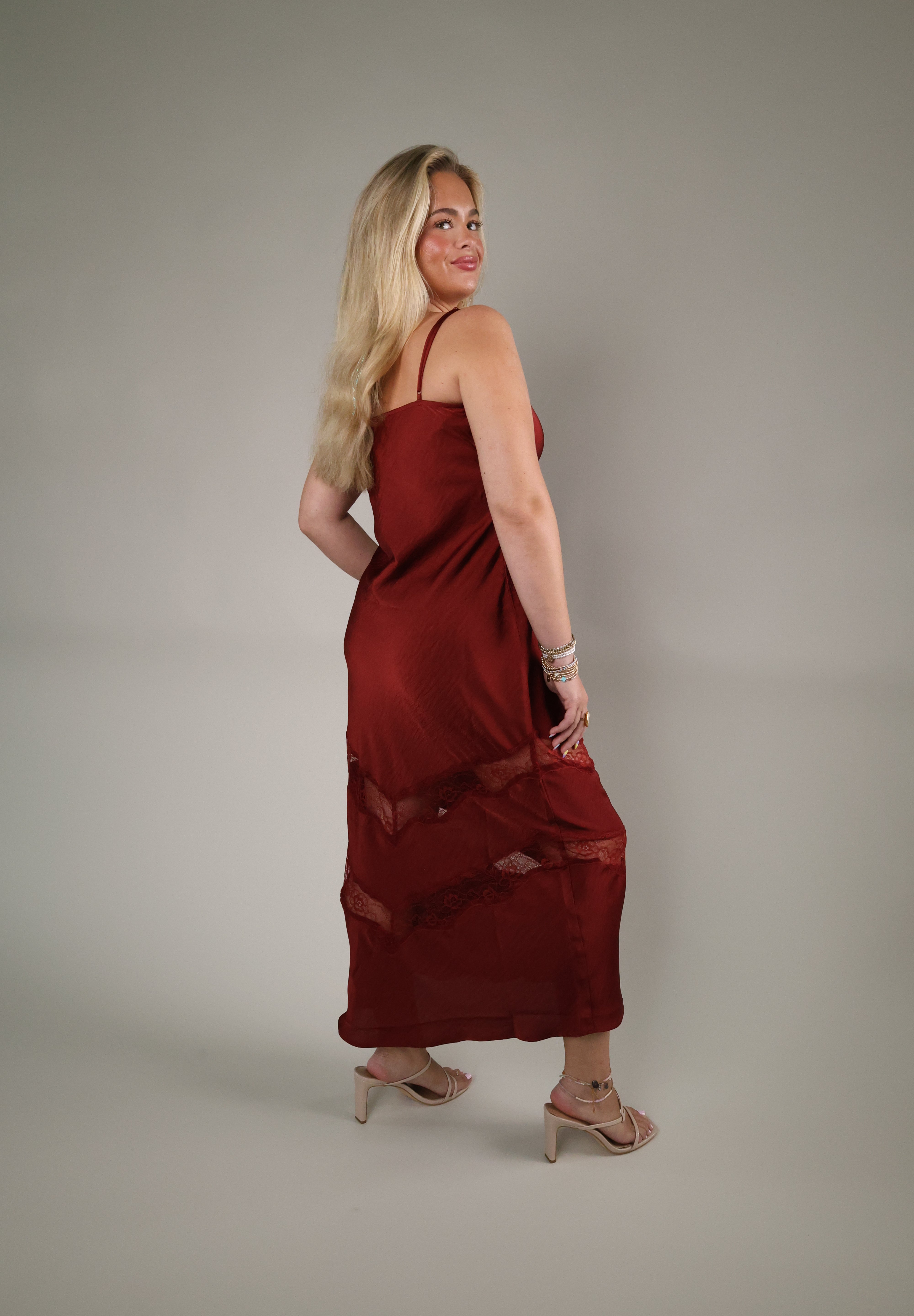 Rich Velvet Rouge satin midi dress with delicate lace insets and flattering feminine silhouette