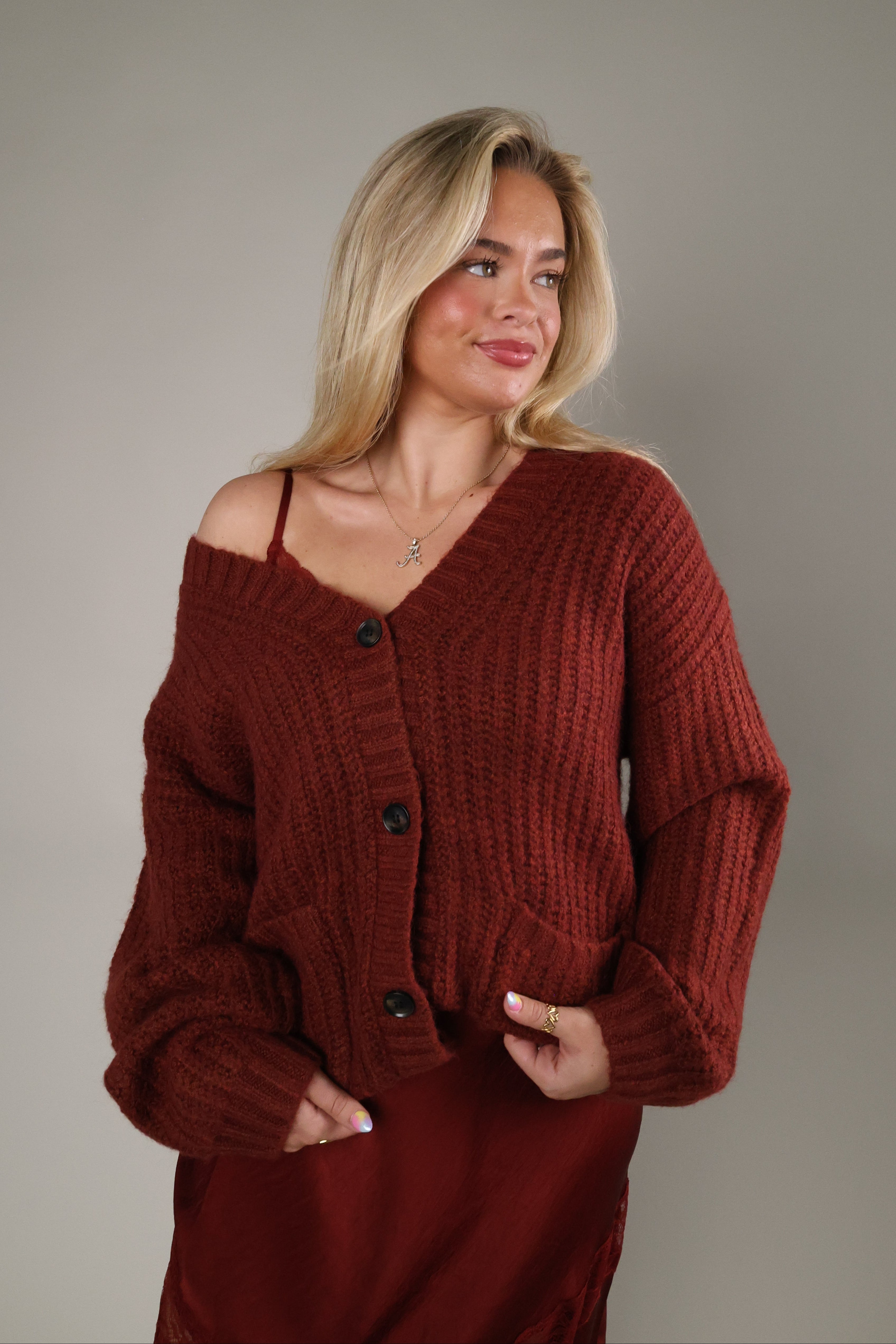 Whitmore Velvet Rouge oversized cardigan with chunky ribbed knit from Shear Boutique in Olney, Maryland