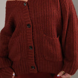 Women’s Velvet Rouge oversized cardigan with V-neckline, tortoise buttons, and front patch pockets