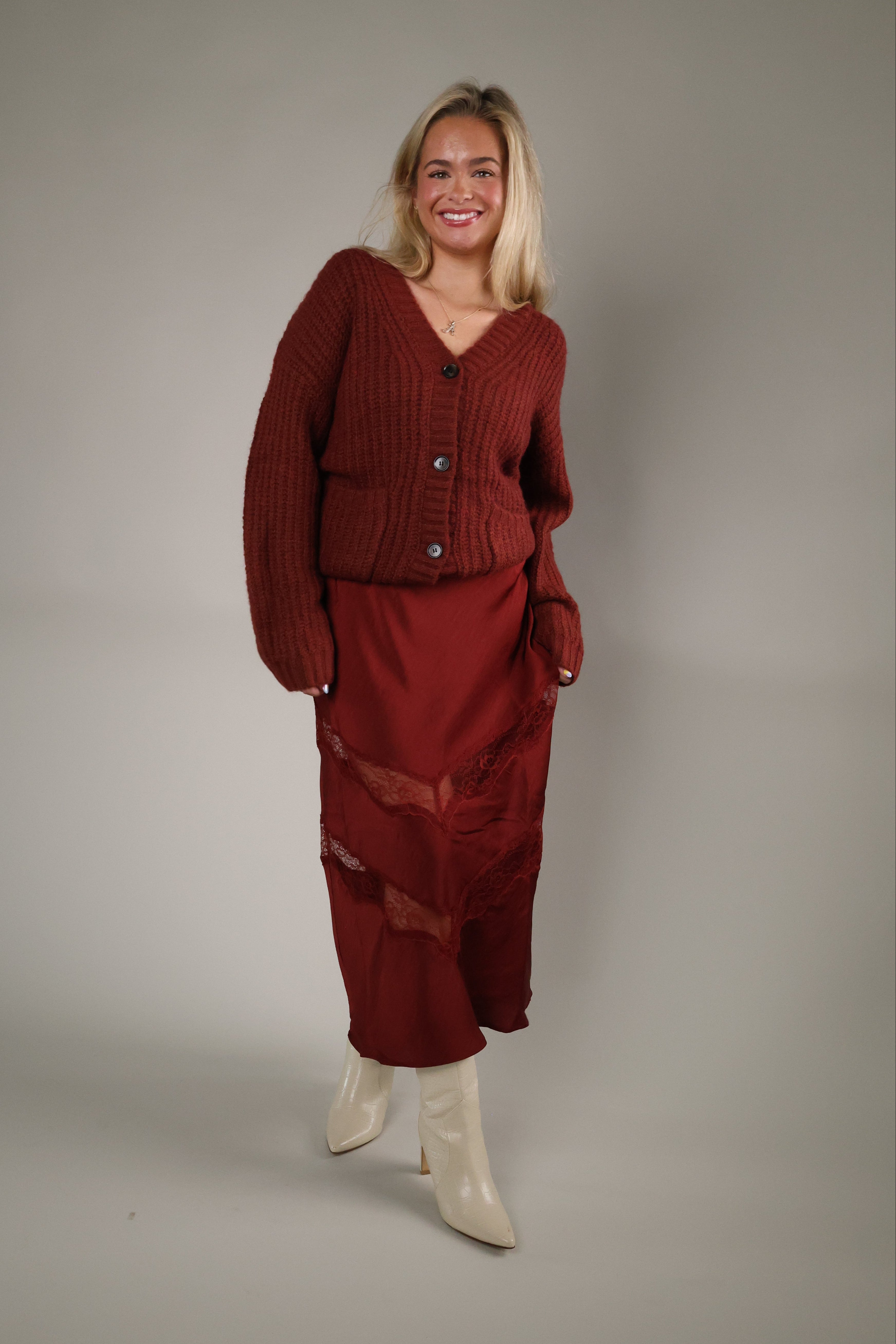 Whitmore oversized Velvet Rouge cardigan styled over a tee for a cozy fall outfit