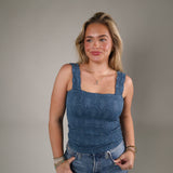 Deep Sea Blue floral lace textured top styled with denim for an effortless everyday outfit