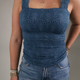 Women’s Deep Sea Blue lace top with floral texture, square neckline, and soft stretchy fit