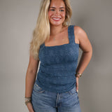 NIKIBIKI Deep Sea Blue lace textured top with square neckline from Shear Boutique in Olney, Maryland