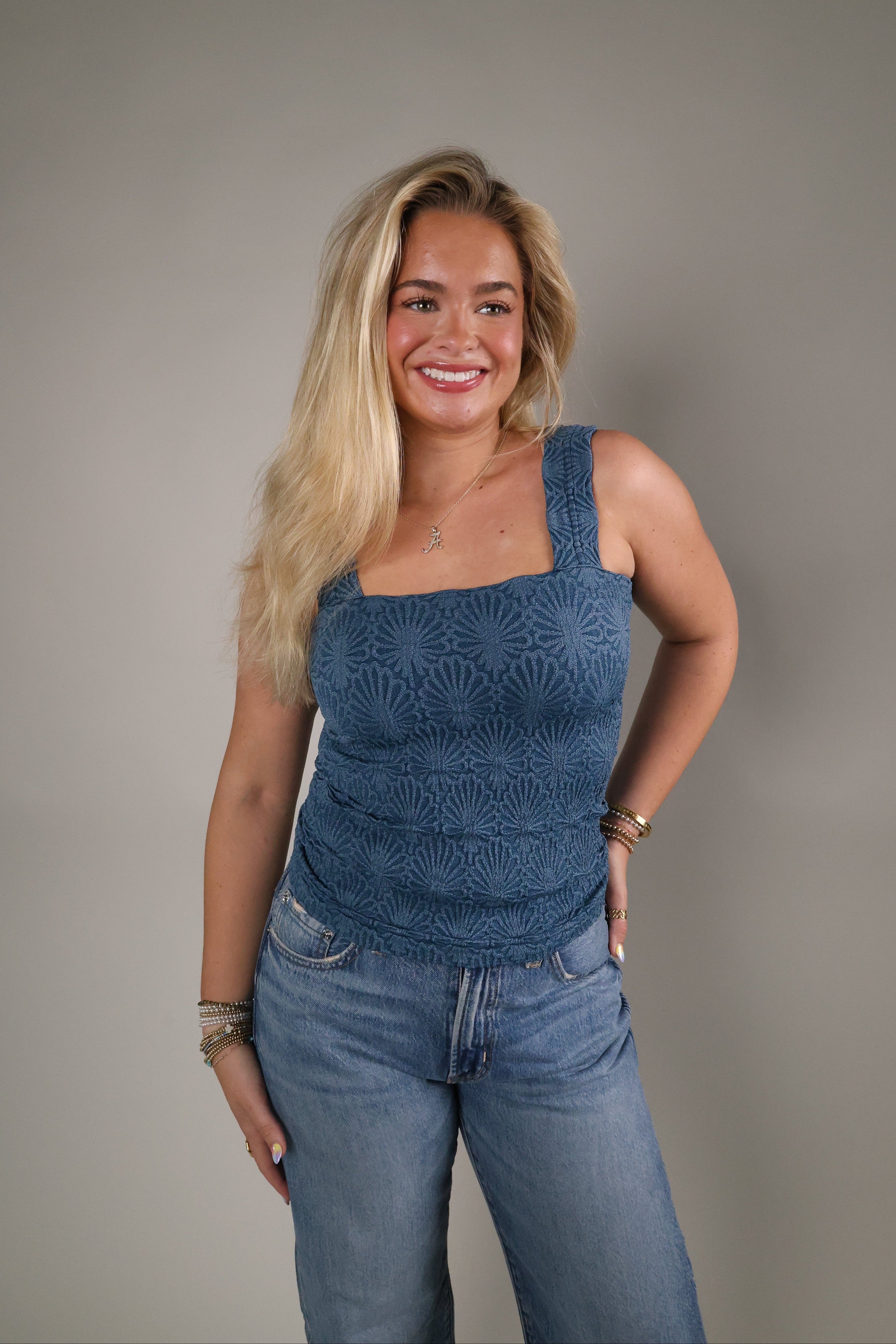 NIKIBIKI Deep Sea Blue lace textured top with square neckline from Shear Boutique in Olney, Maryland