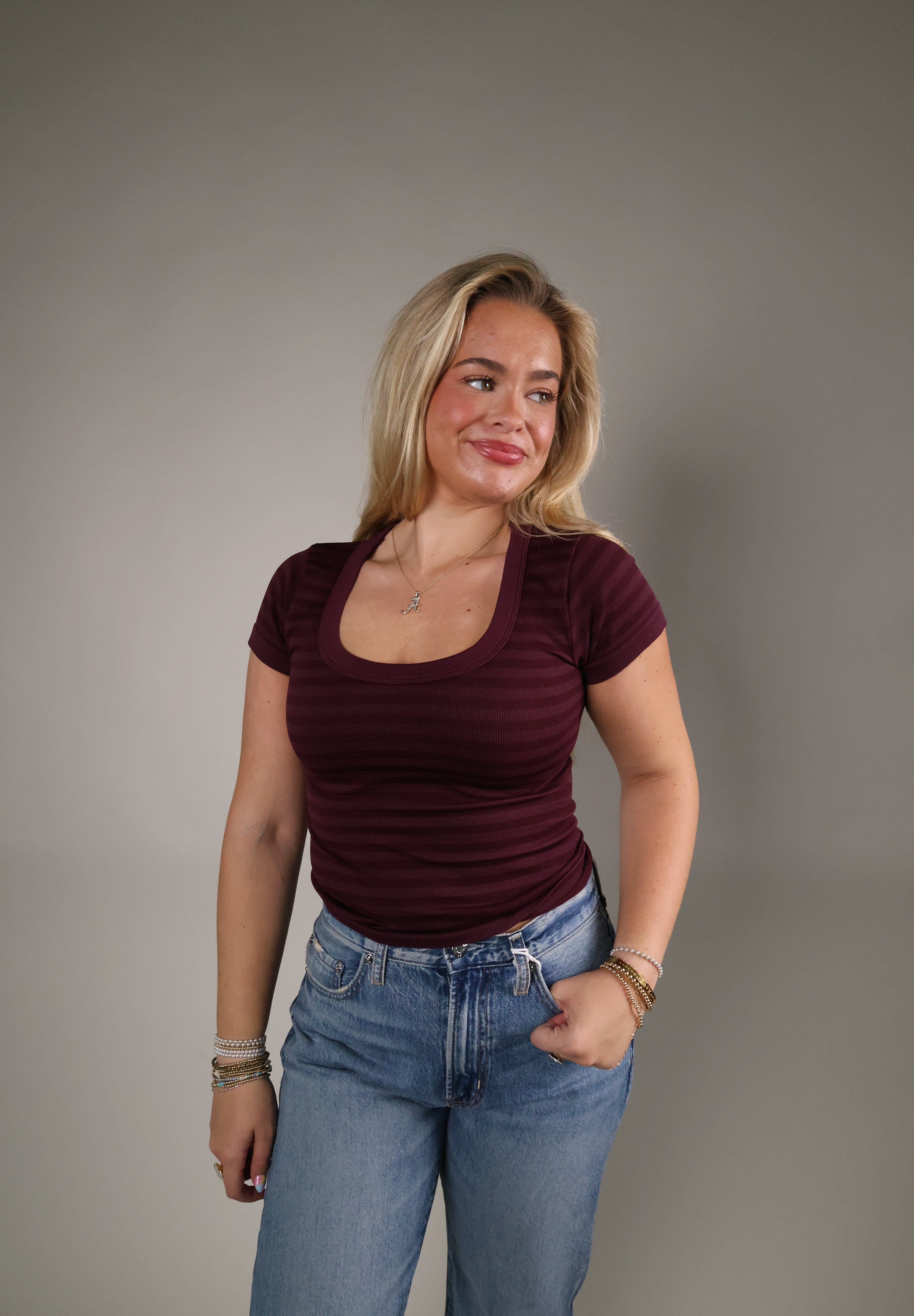 Women’s striped short sleeve top with soft stretchy fabric and comfortable seamless construction