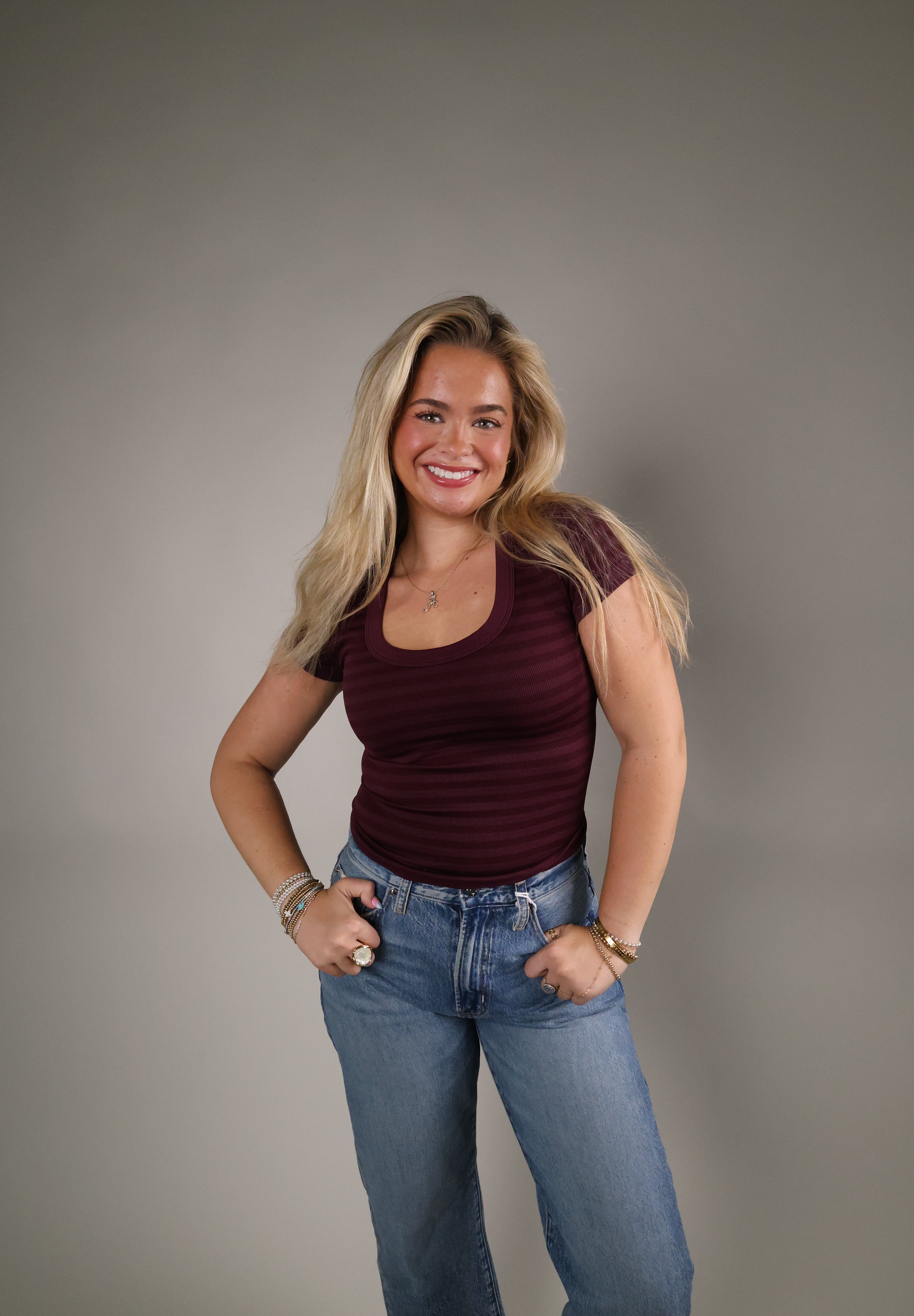Classic striped seamless short sleeve top with scoop neckline from Shear Boutique in Olney, Maryland