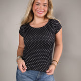 Polka dot cap sleeve top with seamless second-skin fit from Shear Boutique in Olney, Maryland