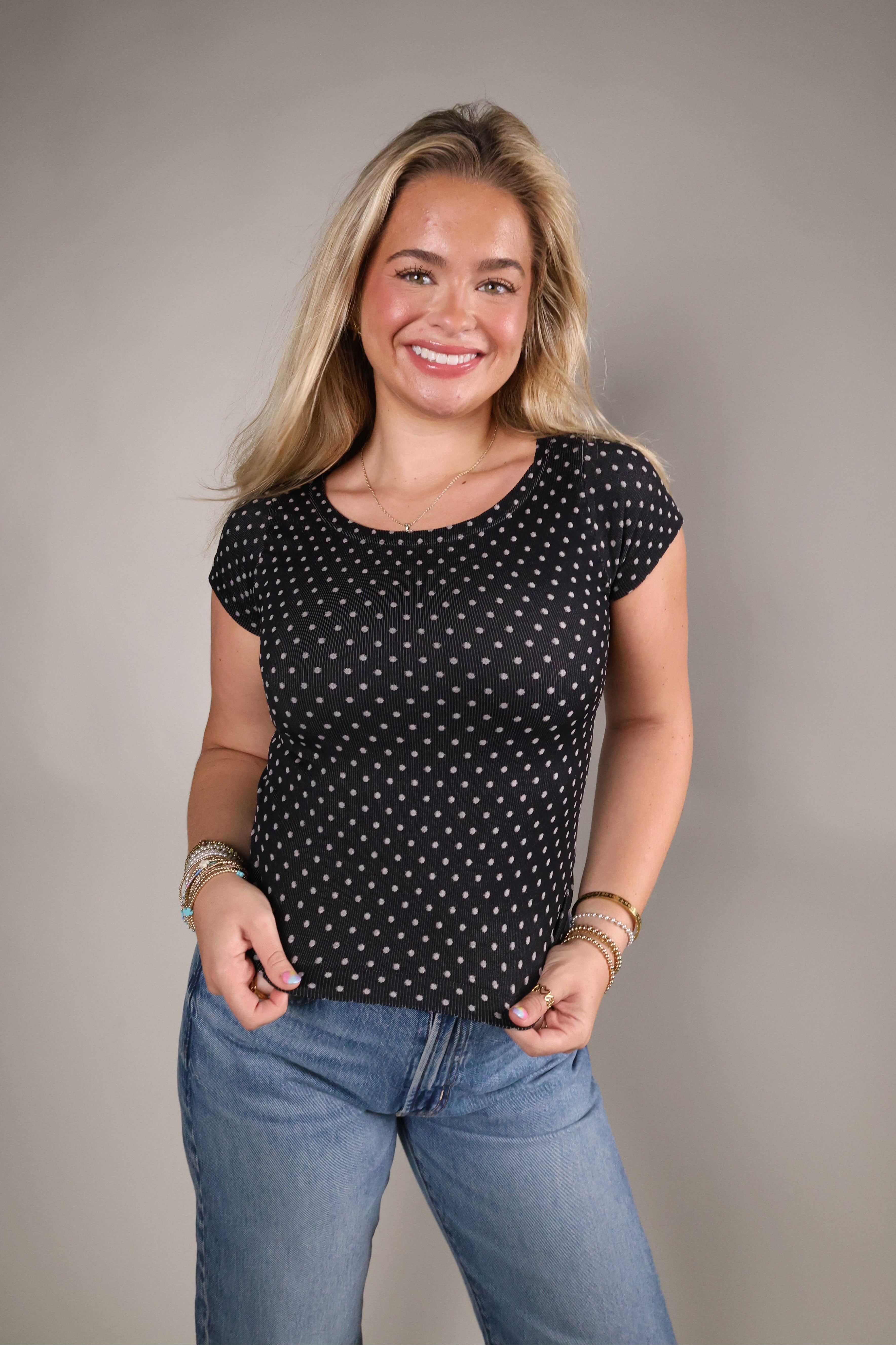 Polka dot cap sleeve top with seamless second-skin fit from Shear Boutique in Olney, Maryland