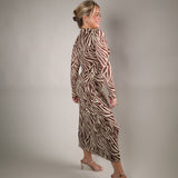 Sevilla zebra mesh midi dress styled with heels for an elegant dinner or date night outfit