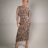 Women’s Velvet Rouge zebra print midi dress with lightweight mesh fabrication and long sleeves