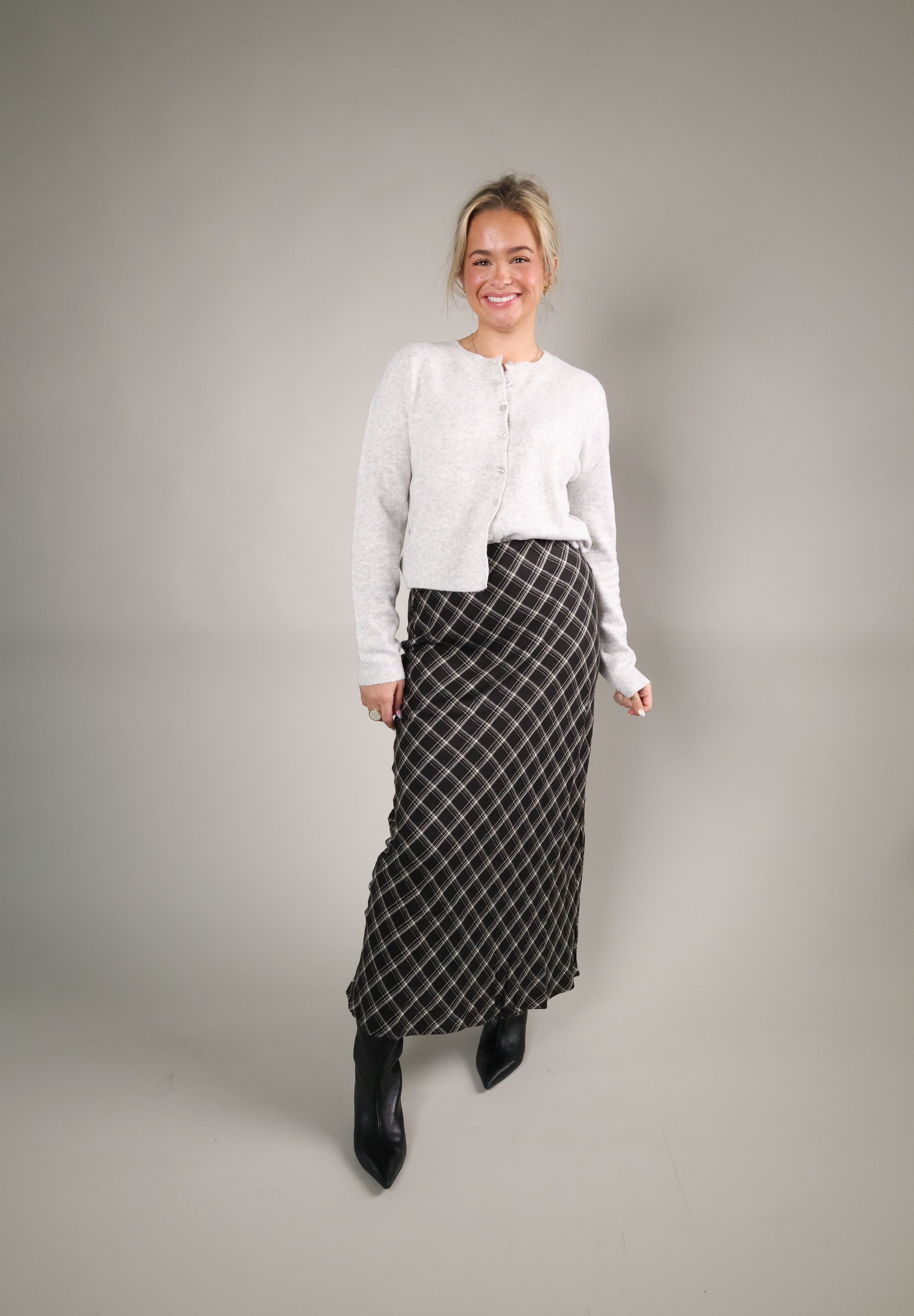 Shear Boutique Europa Plaid Skirt in ash black, a versatile women’s fall maxi skirt with a relaxed flowy fit.